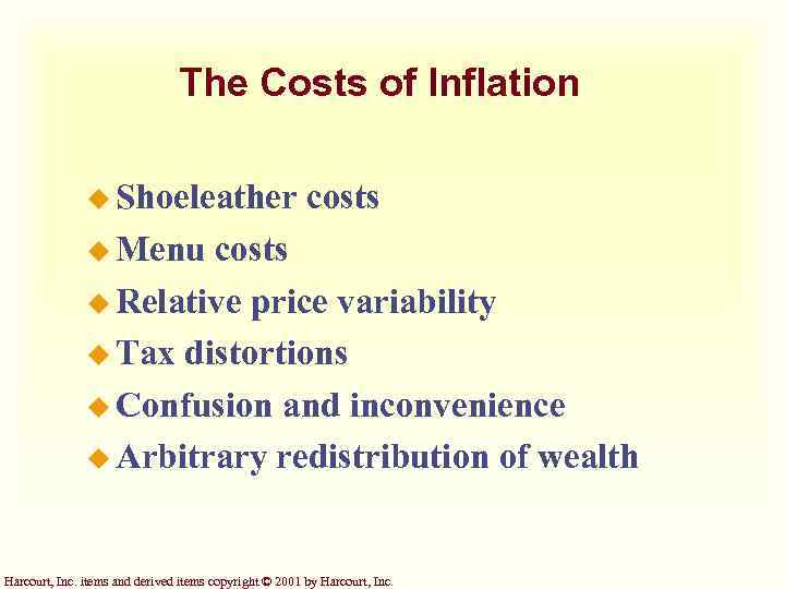 The Costs of Inflation u Shoeleather costs u Menu costs u Relative price variability