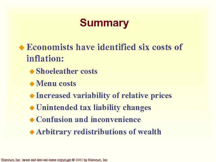 Summary u Economists have identified six costs of inflation: u Shoeleather costs u Menu