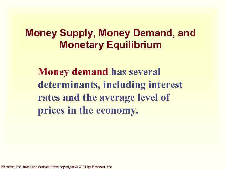 Money Supply, Money Demand, and Monetary Equilibrium Money demand has several determinants, including interest