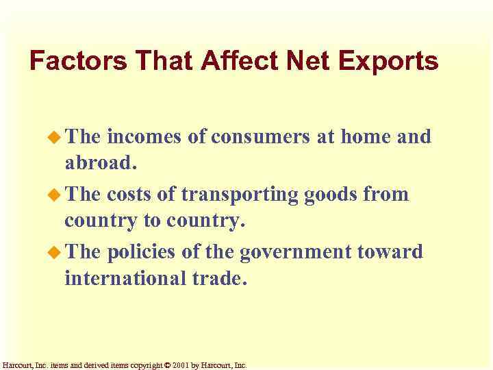 Factors That Affect Net Exports u The incomes of consumers at home and abroad.