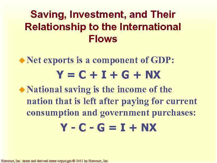 Saving, Investment, and Their Relationship to the International Flows u Net exports is a