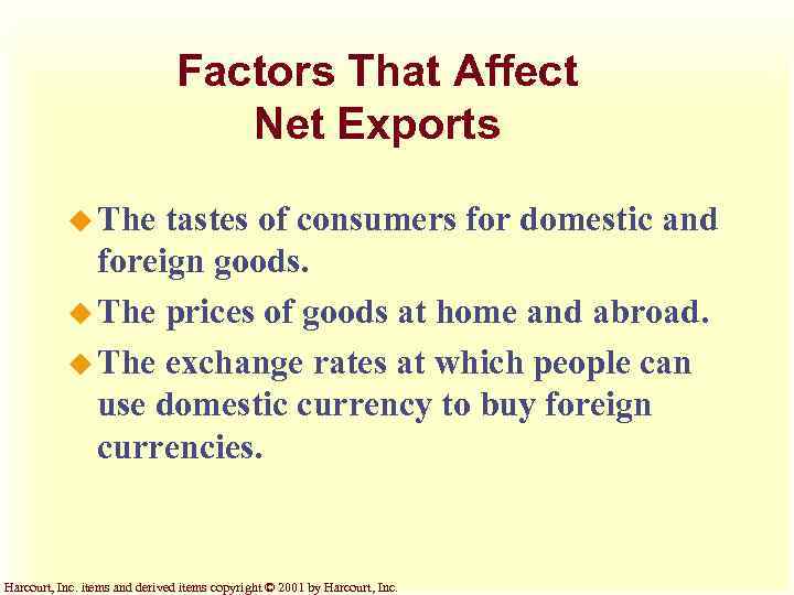 Factors That Affect Net Exports u The tastes of consumers for domestic and foreign