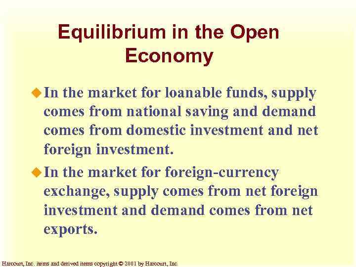Equilibrium in the Open Economy u In the market for loanable funds, supply comes