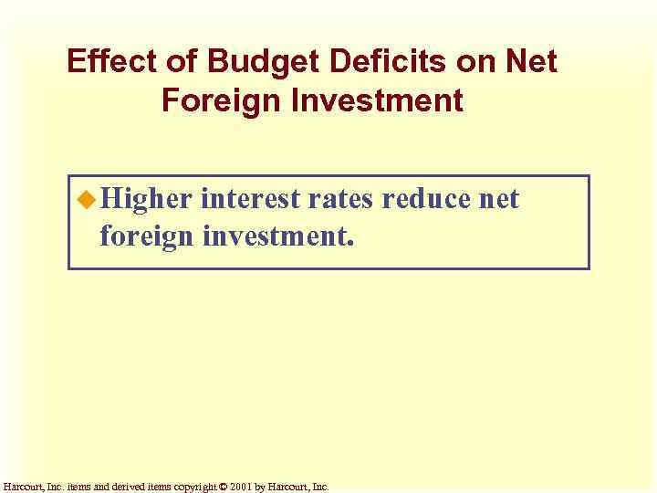 Effect of Budget Deficits on Net Foreign Investment u Higher interest rates reduce net