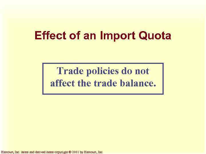 Effect of an Import Quota Trade policies do not affect the trade balance. Harcourt,