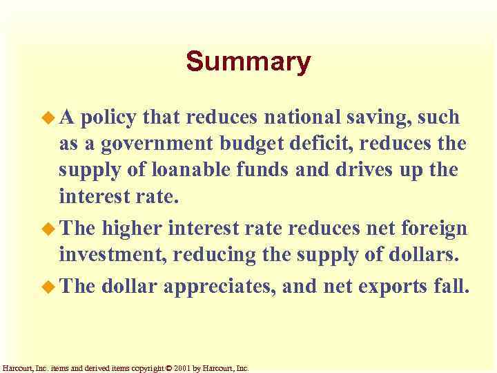 Summary u. A policy that reduces national saving, such as a government budget deficit,