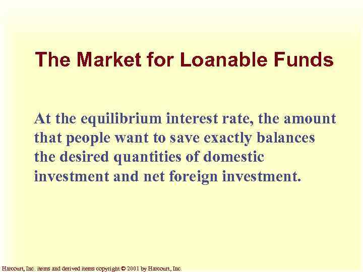 The Market for Loanable Funds At the equilibrium interest rate, the amount that people
