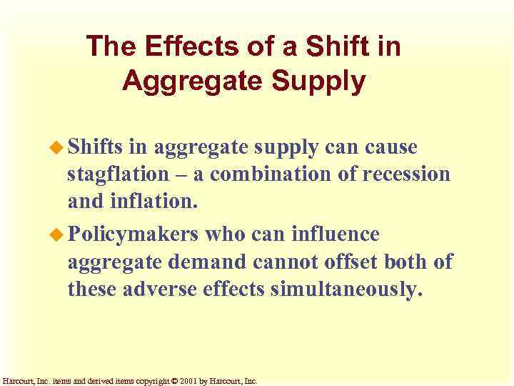 The Effects of a Shift in Aggregate Supply u Shifts in aggregate supply can