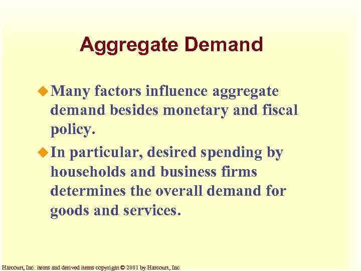 Aggregate Demand u Many factors influence aggregate demand besides monetary and fiscal policy. u