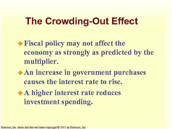 The Crowding-Out Effect u Fiscal policy may not affect the economy as strongly as