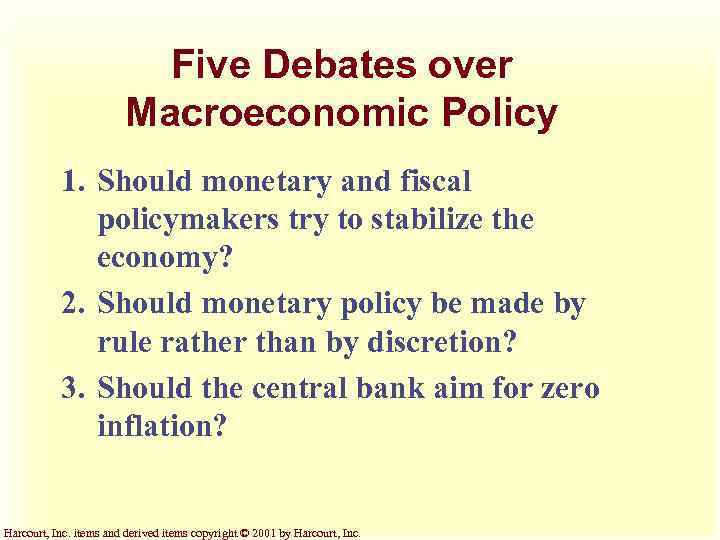 Five Debates over Macroeconomic Policy 1. Should monetary and fiscal policymakers try to stabilize