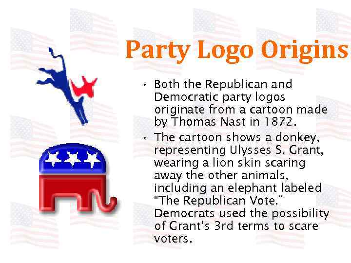 Party Logo Origins • Both the Republican and Democratic party logos originate from a