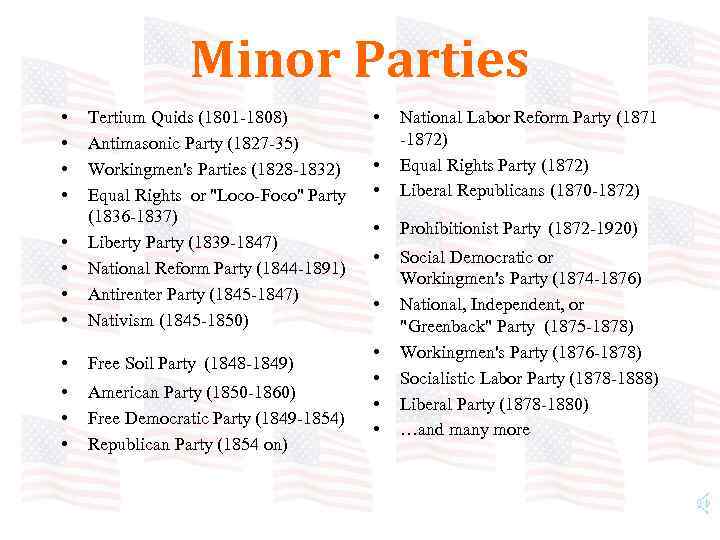 Minor Parties • • Tertium Quids (1801 -1808) Antimasonic Party (1827 -35) Workingmen's Parties