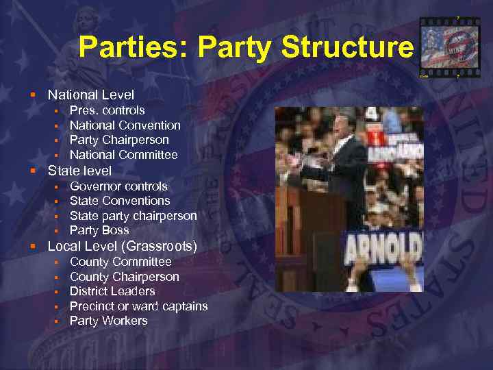Parties: Party Structure § National Level § § Pres. controls National Convention Party Chairperson