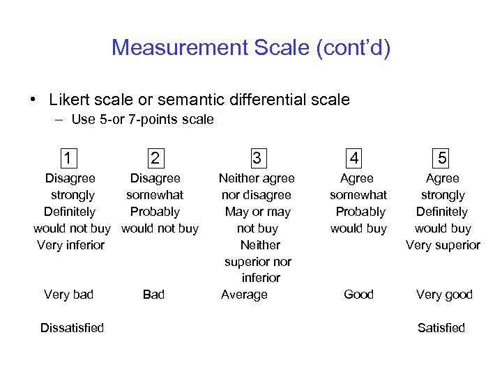 Measurement Scale (cont’d) • Likert scale or semantic differential scale – Use 5 -or