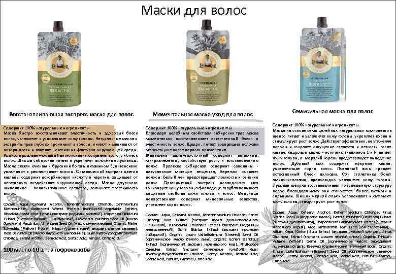 Маски для волос Восстанавливающая экспресс-маска для волос Моментальная маска-уход для волос Содержит 100% натуральные