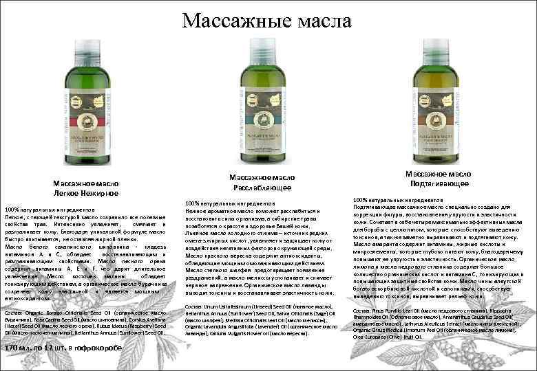 Массажные масла Массажное масло Легкое Нежирное 100% натуральных ингредиентов Легкое, с тающей текстурой масло