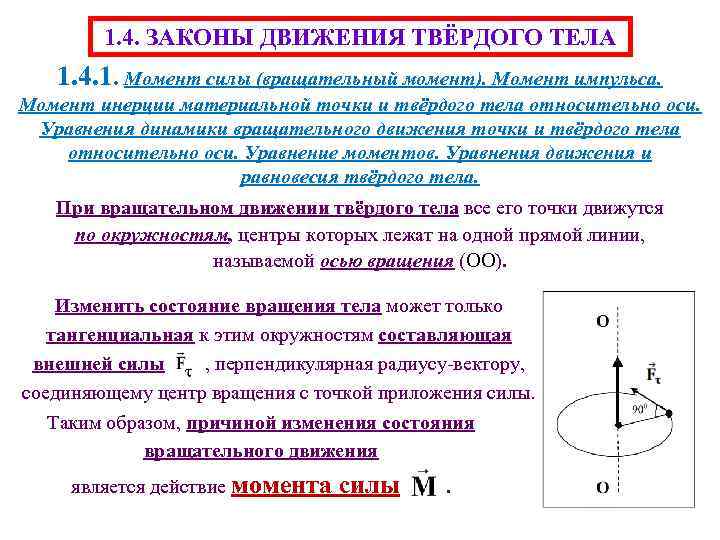 1. 4. ЗАКОНЫ ДВИЖЕНИЯ ТВЁРДОГО ТЕЛА 1. 4. 1. Момент силы (вращательный момент). Момент