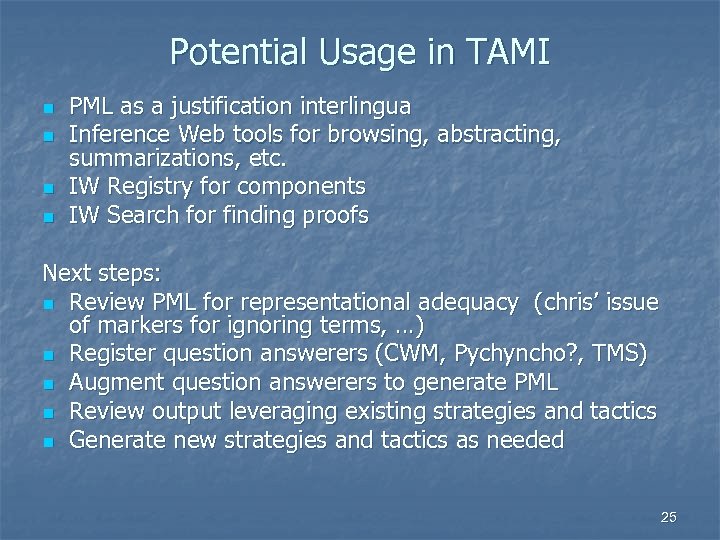 Potential Usage in TAMI n n PML as a justification interlingua Inference Web tools