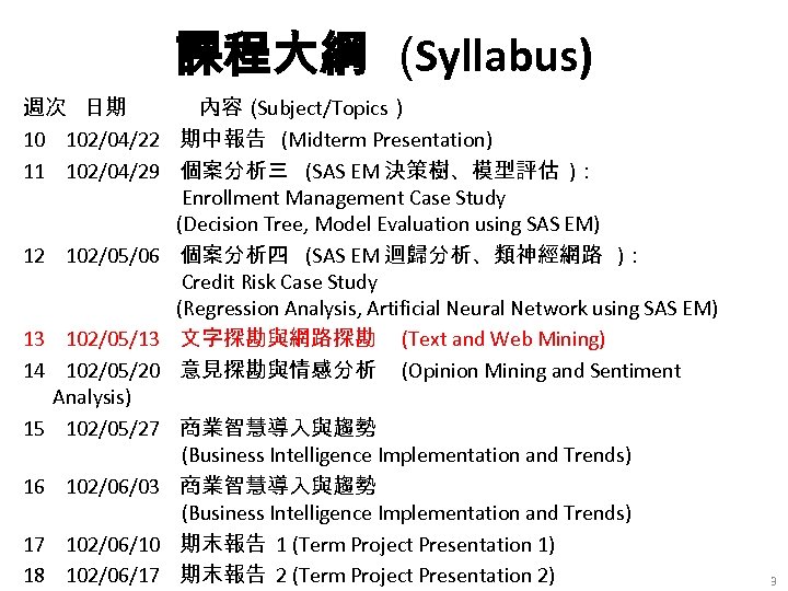 課程大綱 (Syllabus) 週次 日期 內容（ Subject/Topics） 10 102/04/22 期中報告 (Midterm Presentation) 11 102/04/29 個案分析三