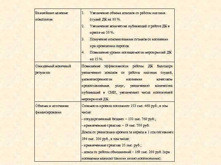 Важнейшие целевые 1. показатели Увеличение объема доходов от работы платных студий ДК на 80