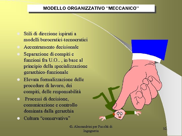 MODELLO ORGANIZZATIVO “MECCANICO” l l l Stili di direzione ispirati a modelli burocratici-tecnocratici Accentramento