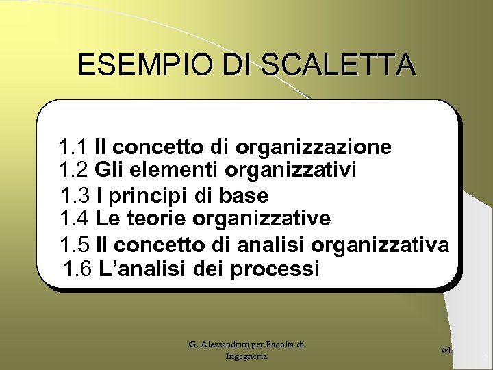 ESEMPIO DI SCALETTA 1. 1 Il concetto di organizzazione 1. 2 Gli elementi organizzativi