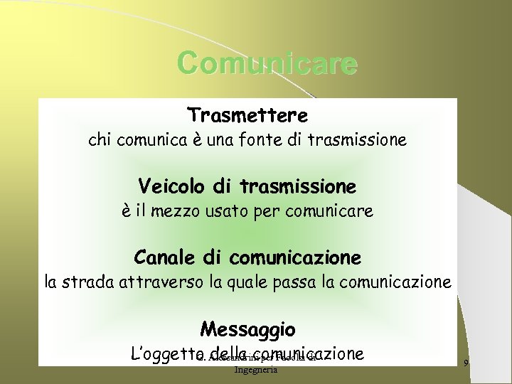 Comunicare Trasmettere chi comunica è una fonte di trasmissione Veicolo di trasmissione è il