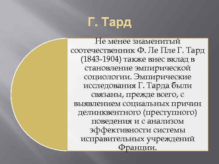 Г. Тард Не менее знаменитый соотечественник Ф. Ле Пле Г. Тард (1843 1904) также