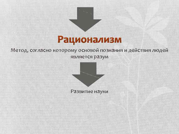 Рационализм Метод, согласно которому основой познания и действия людей является разум Развитие науки 