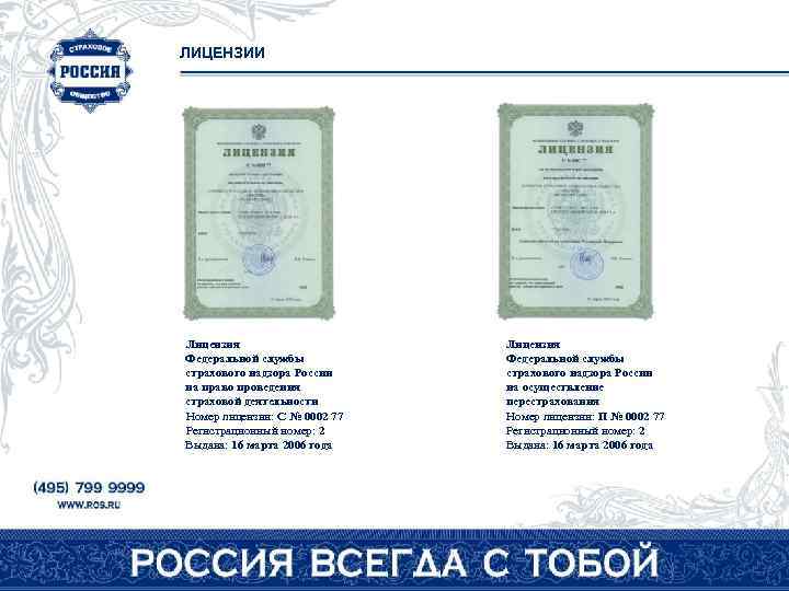 ЛИЦЕНЗИИ Лицензия Федеральной службы страхового надзора России на право проведения страховой деятельности Номер лицензии: