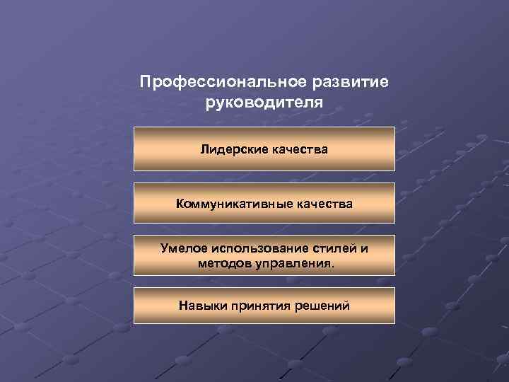 Профессиональное развитие руководителя Лидерские качества Коммуникативные качества Умелое использование стилей и методов управления. Навыки