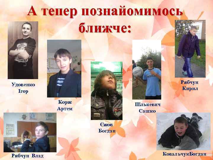 А тепер познайомимось ближче: Рябчун Кирил Удовенко Ігор Корж Артем Пількевич Сашко Єжов Богдан