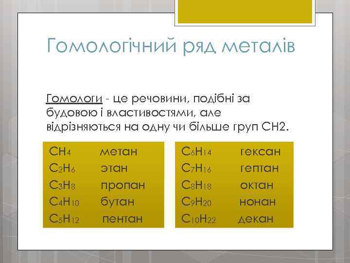 Гомологічний ряд металів Гомологи - це речовини, подібні за будовою і властивостями, але відрізняються