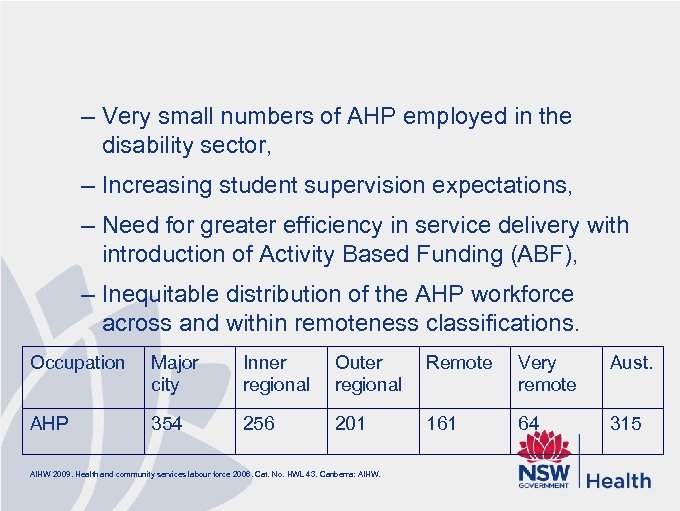 – Very small numbers of AHP employed in the disability sector, – Increasing student