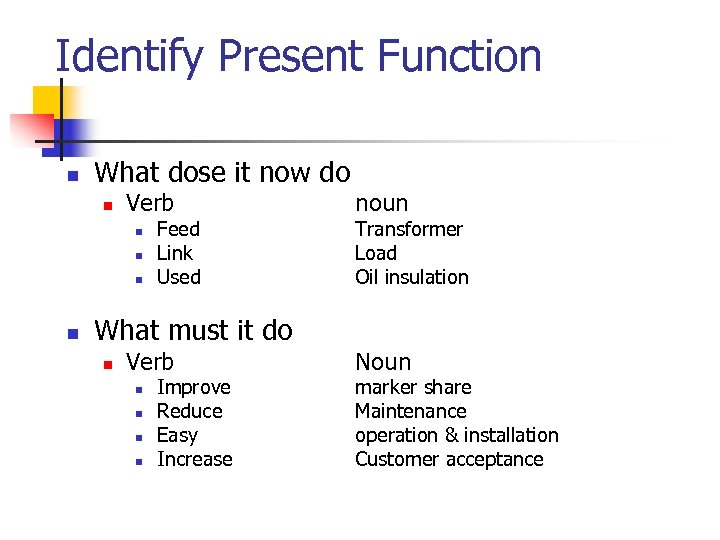 Identify Present Function n What dose it now do n Verb n n Feed