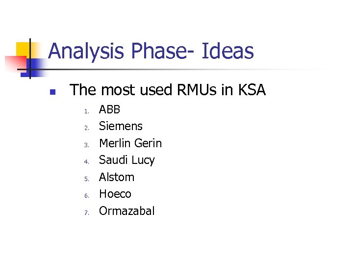 Analysis Phase- Ideas n The most used RMUs in KSA 1. 2. 3. 4.