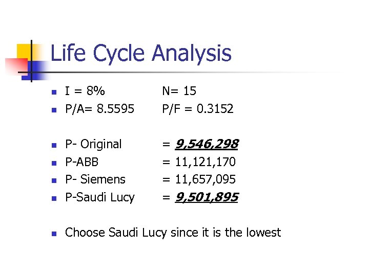 Life Cycle Analysis I = 8% P/A= 8. 5595 N= 15 P/F = 0.