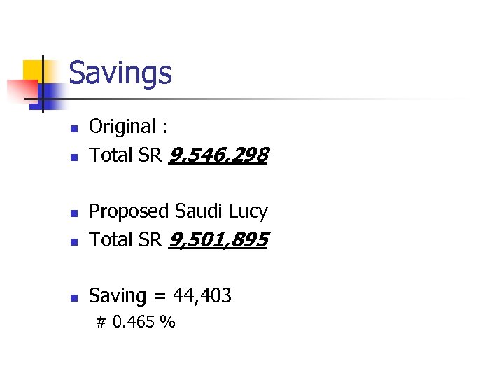 Savings n n Original : Total SR 9, 546, 298 n Proposed Saudi Lucy