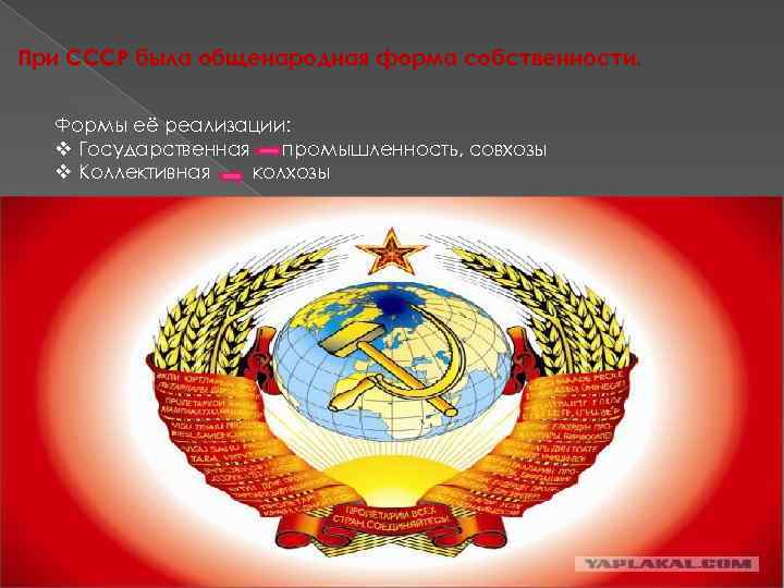 При СССР была общенародная форма собственности. Формы её реализации: v Государственная промышленность, совхозы v