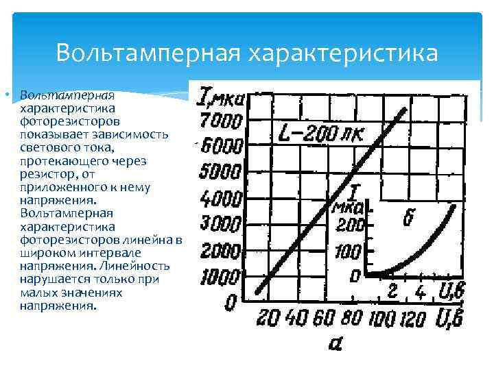 Вольтамперная характеристика • Вольтамперная характеристика фоторезисторов показывает зависимость светового тока, протекающего через резистор, от
