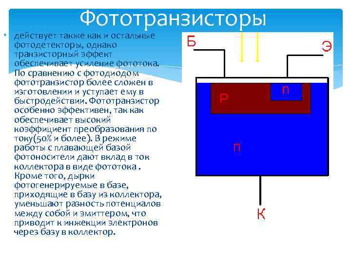 Фототранзисторы • действует также как и остальные фотодетекторы, однако транзисторный эффект обеспечивает усиление фототока.