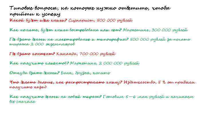 Типовые вопросы, на которые нужно ответить, чтобы прийти к успеху Какой будет идея книги?