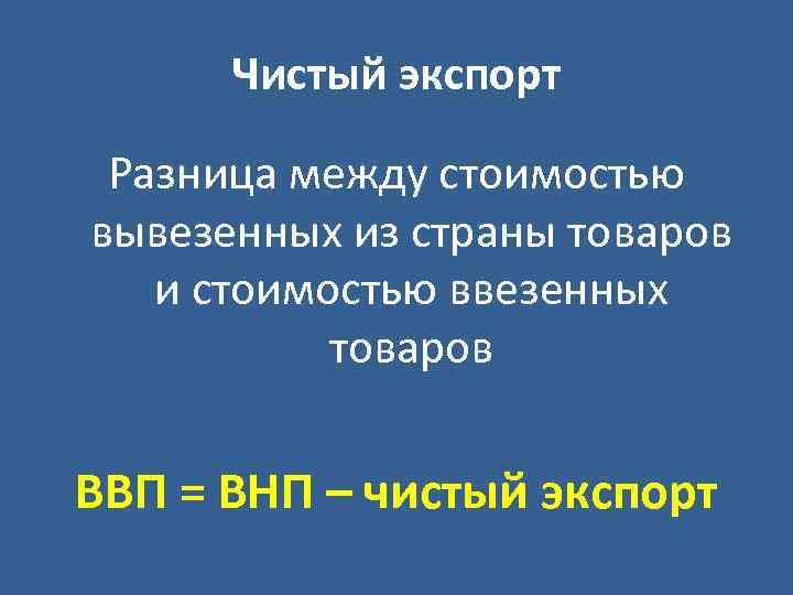 Чистый экспорт Разница между стоимостью вывезенных из страны товаров и стоимостью ввезенных товаров ВВП