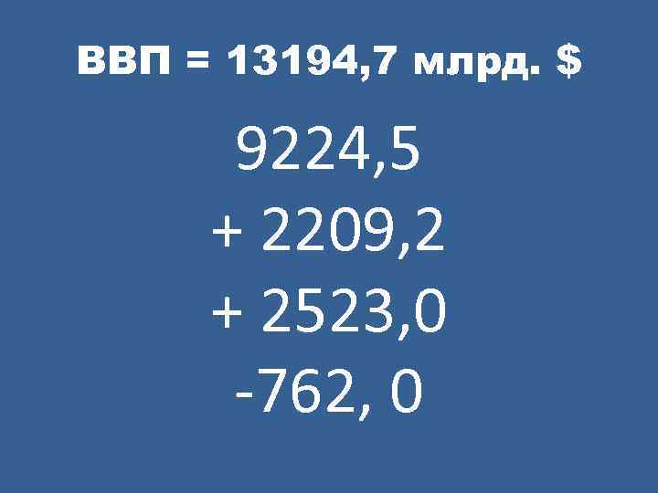 ВВП = 13194, 7 млрд. $ 9224, 5 + 2209, 2 + 2523, 0