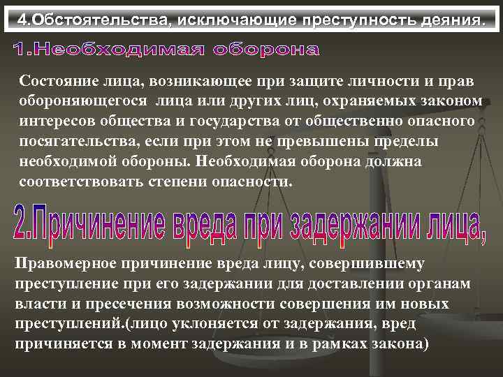 4. Обстоятельства, исключающие преступность деяния. Состояние лица, возникающее при защите личности и прав обороняющегося