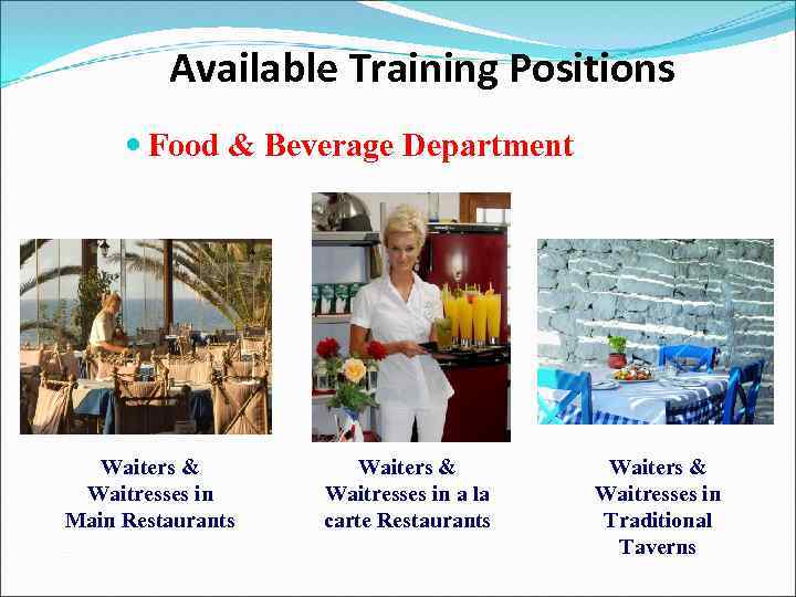 Available Training Positions Food & Beverage Department Waiters & Waitresses in Main Restaurants Waiters