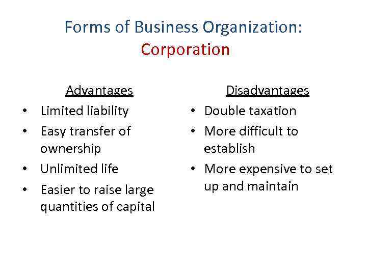 Forms of Business Organization: Corporation • • Advantages Limited liability Easy transfer of ownership