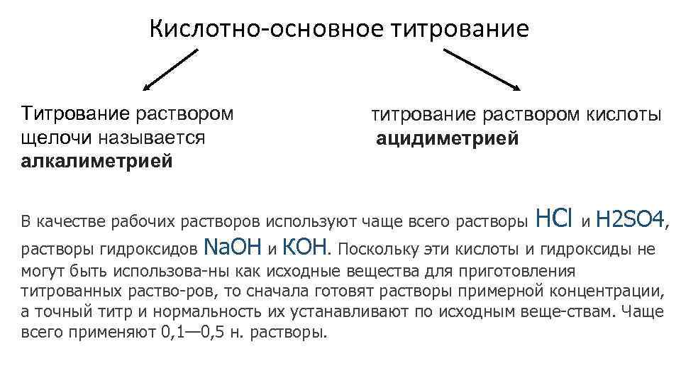 Кислотно-основное титрование Титрование раствором щелочи называется алкалиметрией титрование раствором кислоты ацидиметрией В качестве рабочих