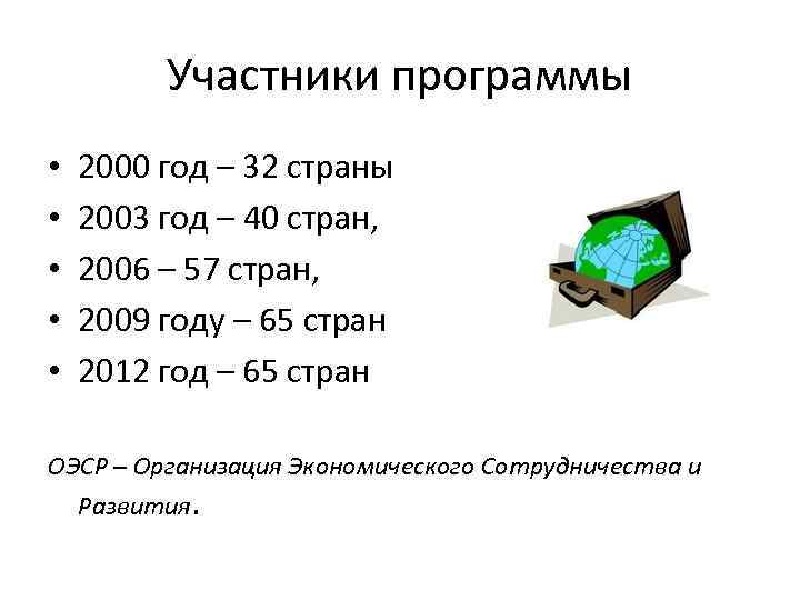 Участники программы • • • 2000 год – 32 страны 2003 год – 40